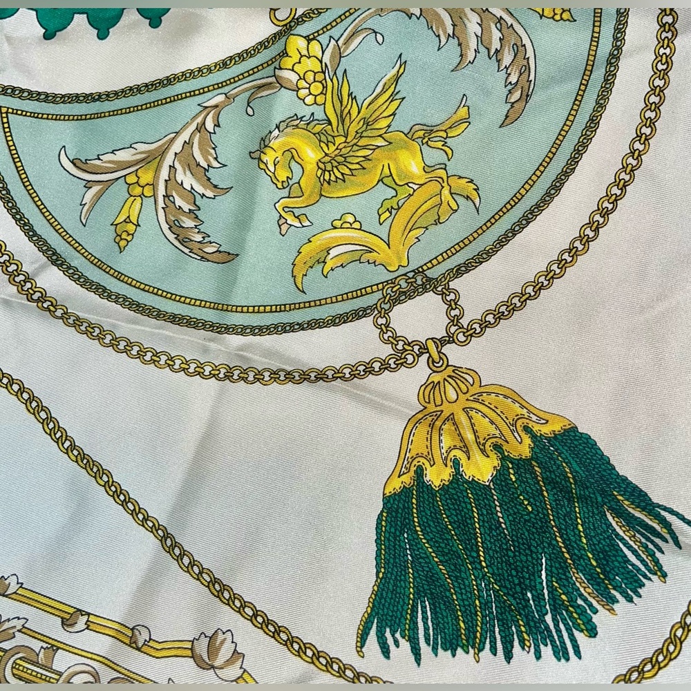 CELINE Paris Ecru with Green and Gold Scarf Silk Made in Italy - Picture 3 of 6